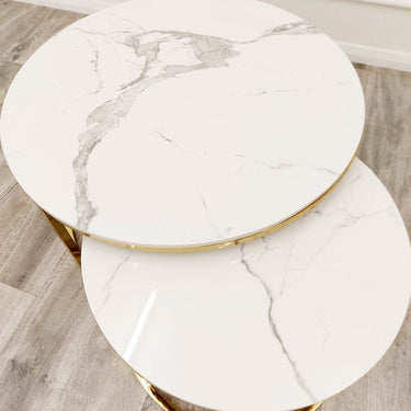 Elegant Cato Nest of 2 Short Round Gold Coffee Tables with Polar White Sintered Stone Tops - UK Luxury Furniture